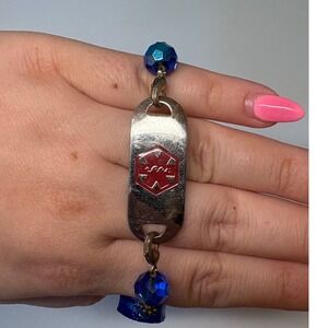 Heart Patient Medical Alert Bracelet‎ Blue Glass Beaded Lampwork Floral ID